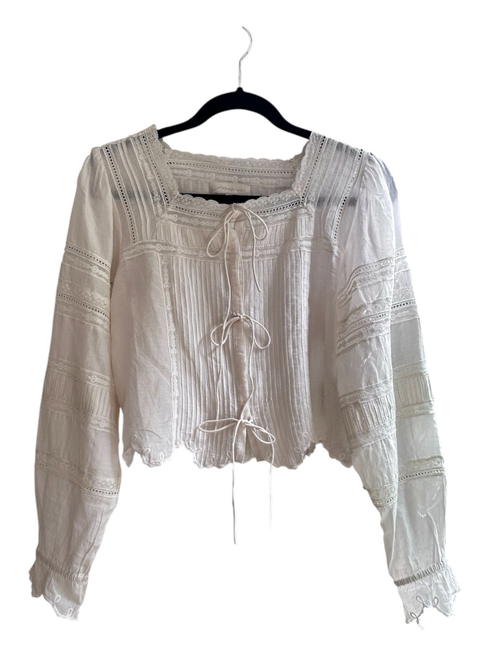 LoveShackFancy Sanra Top XS White Lace Pintuck Tie Front Cotton Boho Victorian
